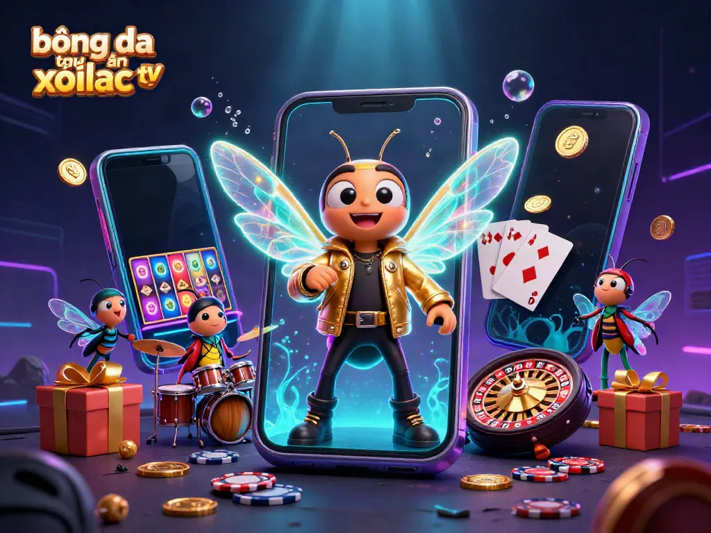 Catch the excitement of bóng đá trực tuyến xoilac tv with a vibrant scene of 3D characters and casino elements.