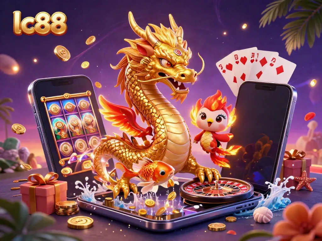 Spin and win with lc88 as a fierce dragon, phoenix, and koi fish emerge from vibrant casino gaming elements.