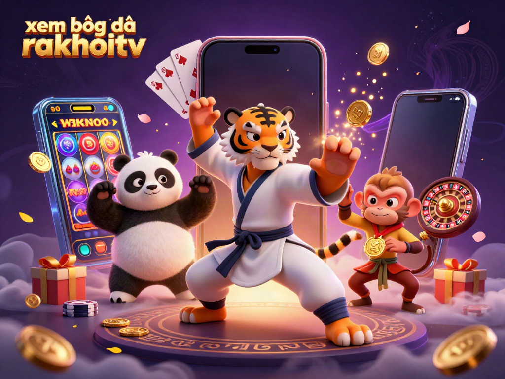 Experience xem bóng đá rakhoitv with a dynamic, colorful online casino scene showcasing a kung fu master and playful characters.