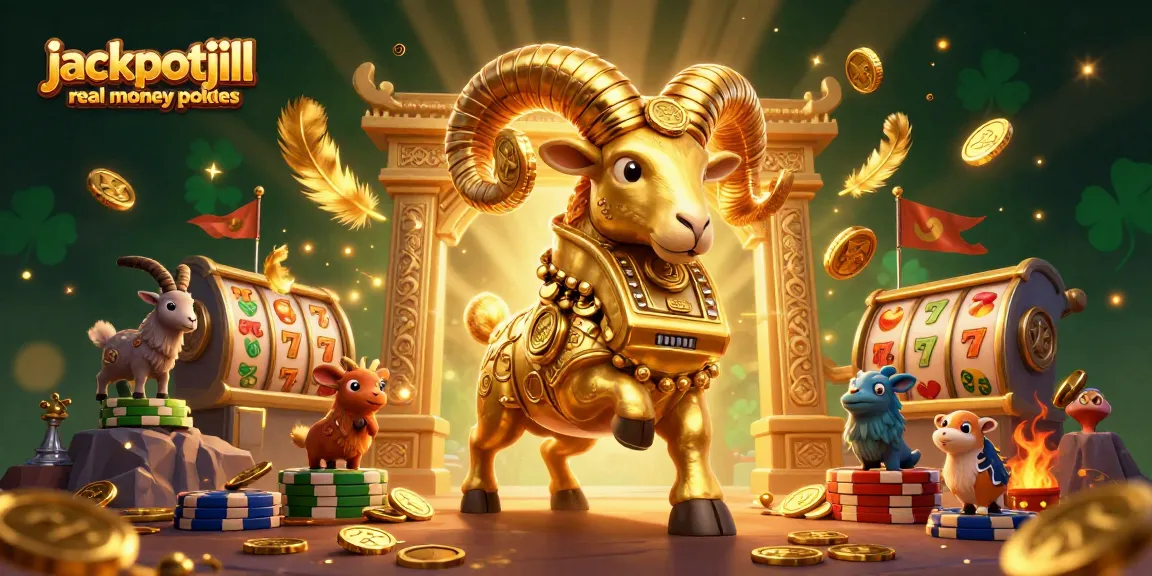 Experience jackpotjill real money pokies with lively 3D casino art featuring a golden ram.