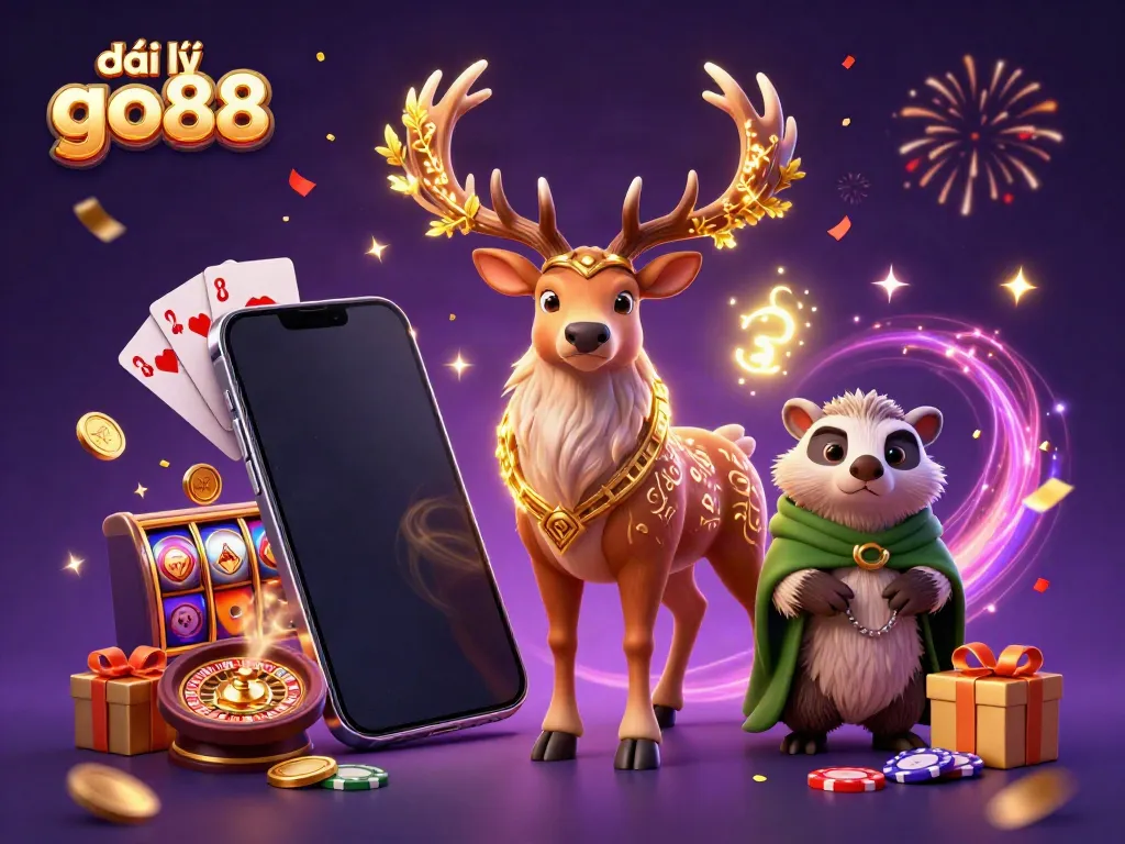 Engage with đại lý go88 through a festive 3D illustration of gaming and celebration.