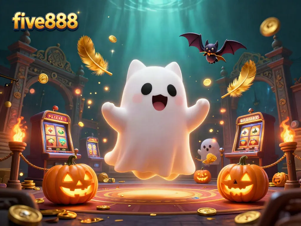 Experience five888's haunted casino adventures with a ghost cat, glowing jack-o-lanterns, and vibrant gaming elements.