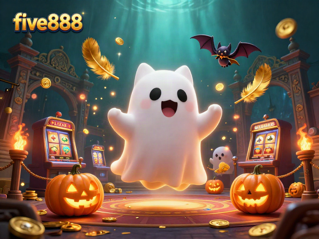 Experience five888's haunted casino adventures with a ghost cat, glowing jack-o-lanterns, and vibrant gaming elements.