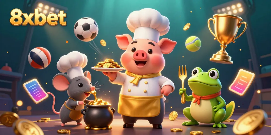 Engage in exciting gaming with 8xbet as a chef pig serves golden coins, sports balls, and vibrant casino elements.
