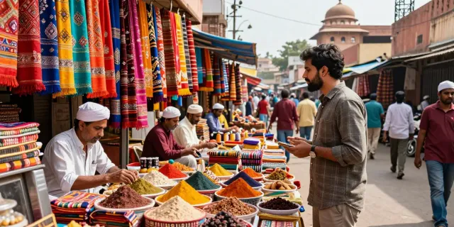 Traveler exploring the colorful marketplace in India with rokok88, immersed in local culture.
