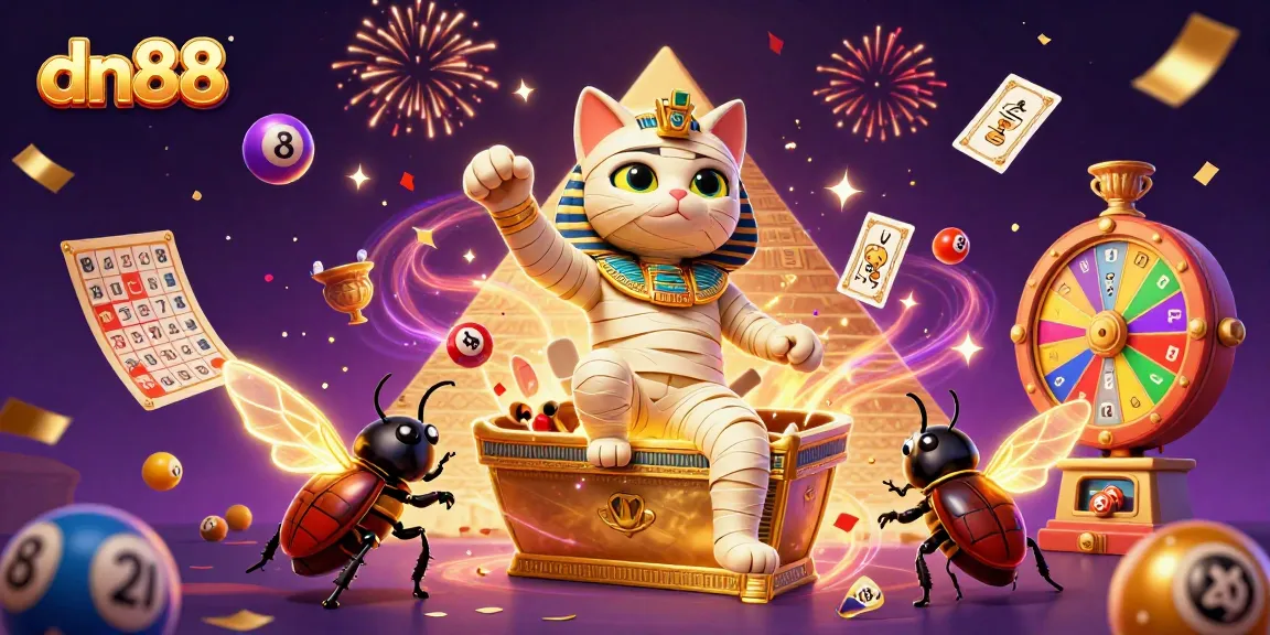 Experience thrilling gameplay with dn88 through a dynamic, vibrant casino scene featuring a mummy cat and prizes.
