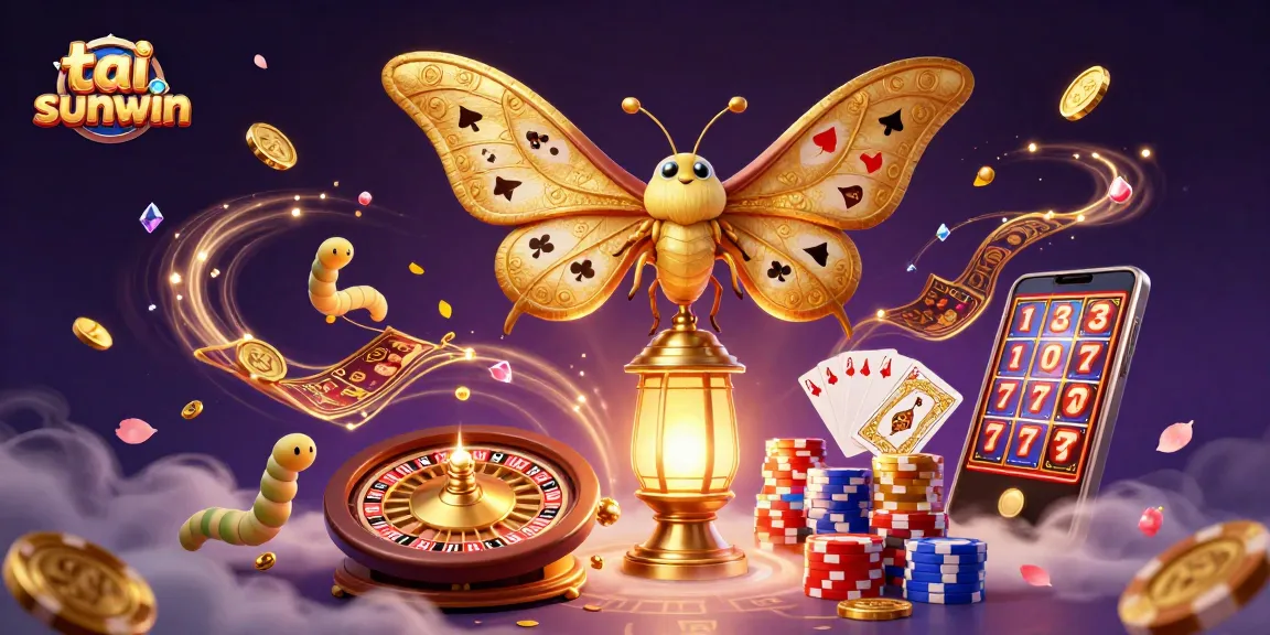 Win big with tai sunwin's excitement, featuring a dynamic scene of a golden-winged moth in a vibrant casino setting.
